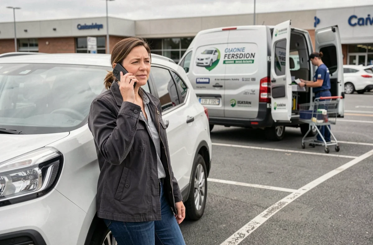 Cliente au téléphone près de son SUV blanc dans un parking tandis qu'un technicien de service mobile de vitrerie prépare son équipement derrière elle