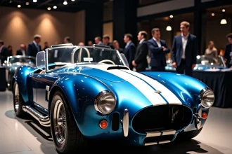 Cobra 427 bleu métallique exposé lors d'une vente aux enchères automobile haut de gamme en 2026