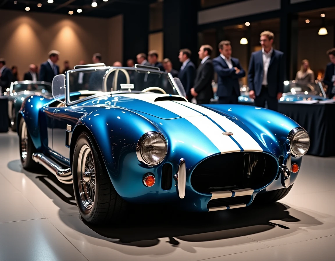 Cobra 427 bleu métallique exposé lors d'une vente aux enchères automobile haut de gamme en 2026