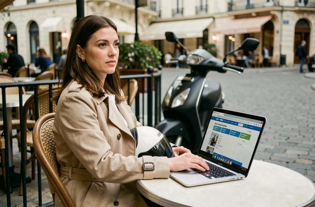 Femme comparant des offres d'assurance scooter en ligne depuis un café en ville
