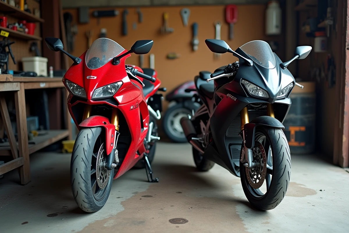 Comparaison entre une Honda CBR 1000 F ancienne et une moto récente dans un garage privé pour illustrer le bon moment pour changer de moto
