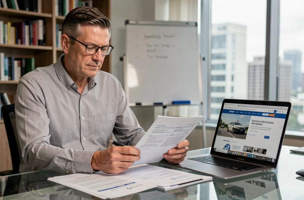 Homme comparant des documents d'assurance voiture imprimés et un site web sur ordinateur portable au bureau