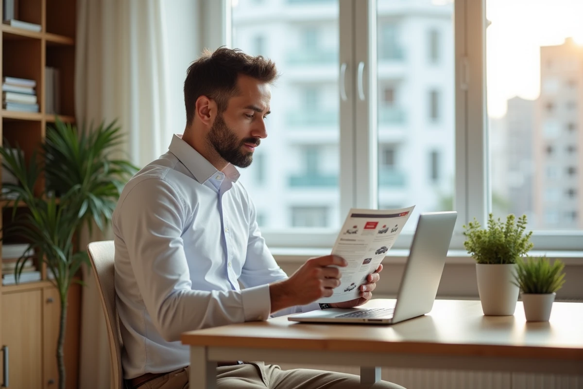 Homme comparant des offres de location longue durée sur ordinateur et brochure à son bureau