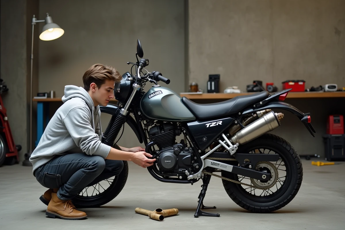 Jeune motard comparant une pièce d'occasion et une pièce neuve pour Yamaha TZR 50cc dans un garage