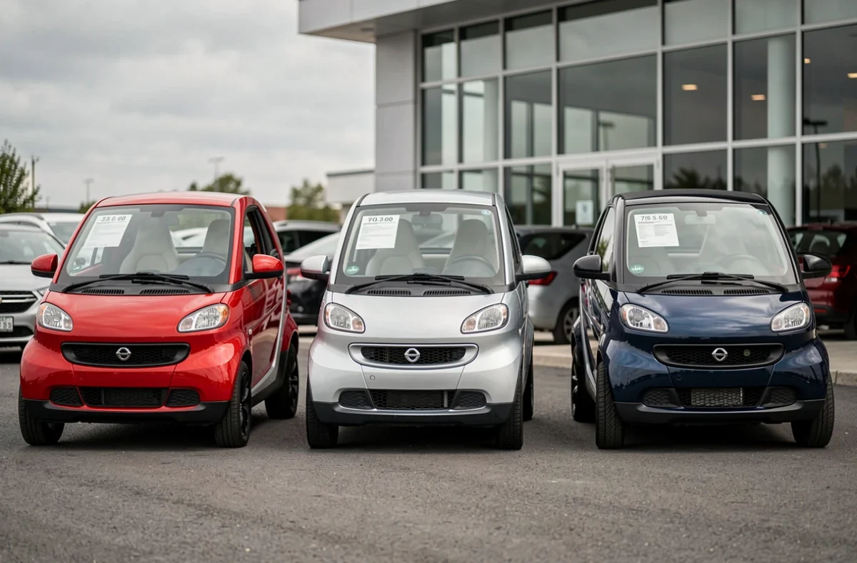 Trois modèles de voitures sans permis alignés dans un parking de concessionnaire avec étiquettes de prix
