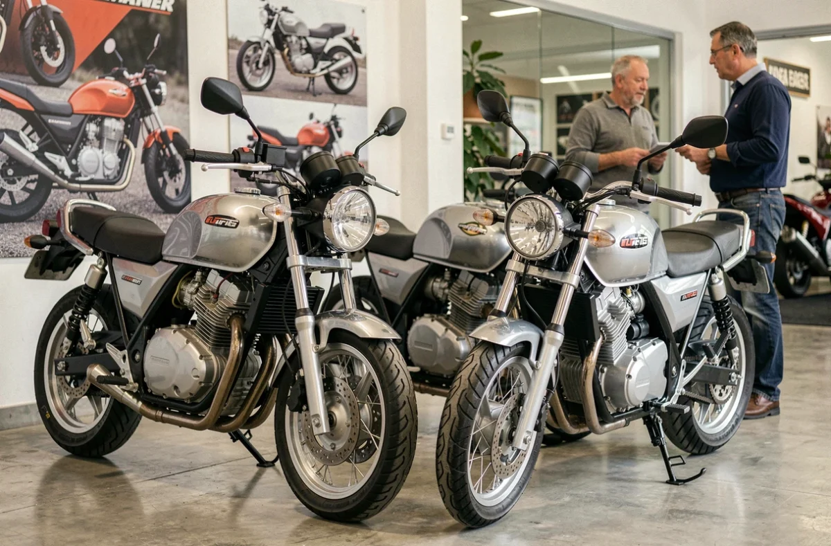 Deux motos 125cc côte à côte dans un showroom de concession française, client et vendeur en discussion en arrière-plan
