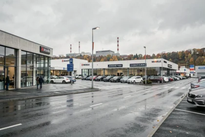 Vue d'ensemble d'un quartier de concessionnaires automobiles en Moselle, avec showrooms vitrés et véhicules exposés sur les parvis