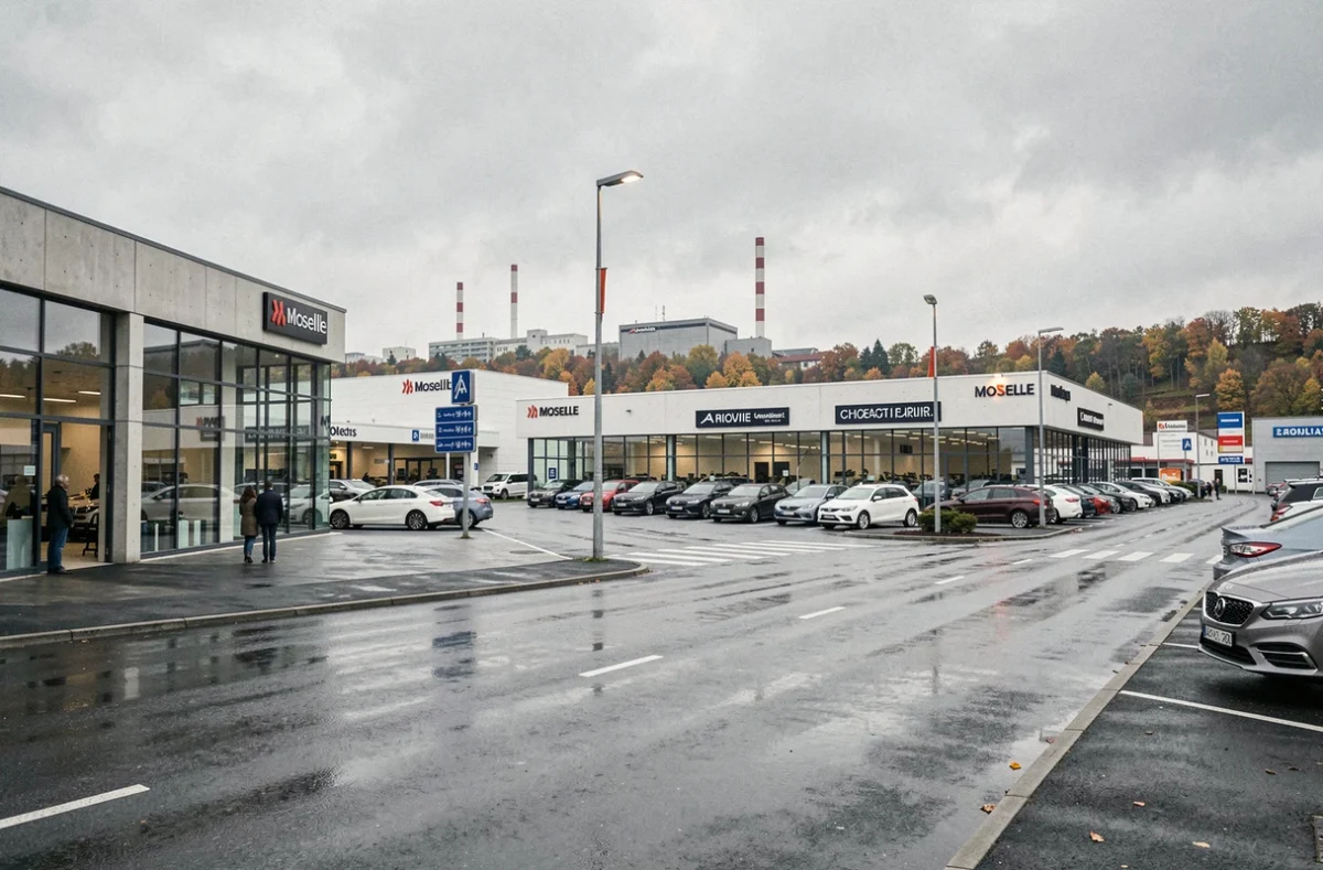 Vue d'ensemble d'un quartier de concessionnaires automobiles en Moselle, avec showrooms vitrés et véhicules exposés sur les parvis