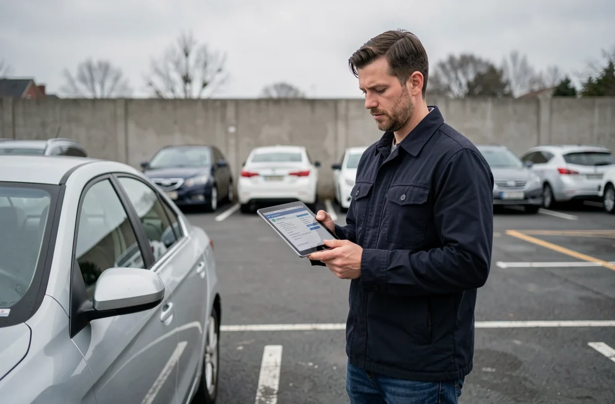 Homme consultant son contrat d'assurance voiture sur tablette numérique dans un parking