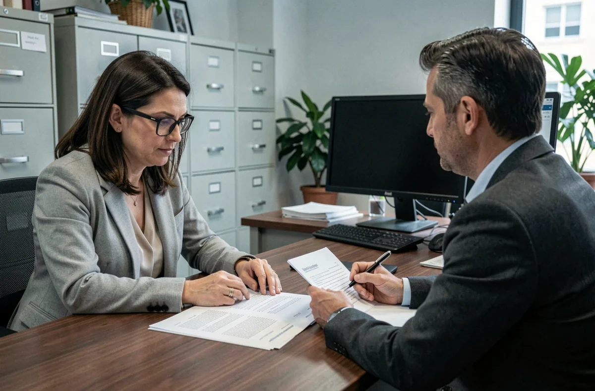 Femme en consultation avec un conseiller juridique pour un recours après fermeture de service auto