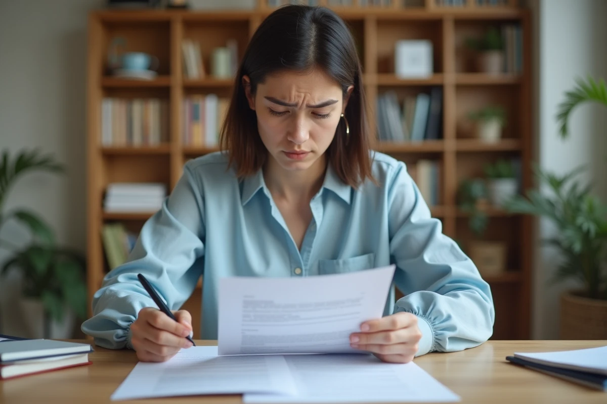 Jeune femme contestant les résultats de son examen du permis de conduire en consultant des documents officiels à son bureau