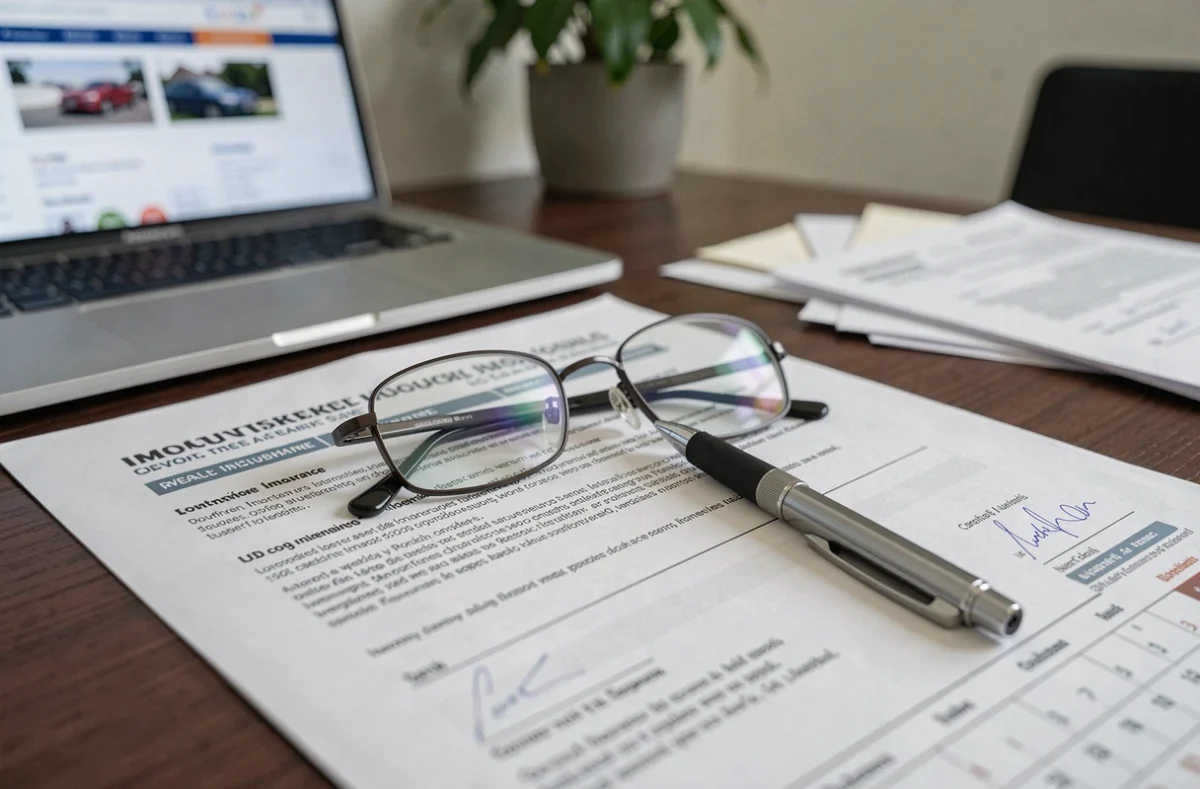 Contrat d'assurance auto ouvert sur un bureau avec stylo et lunettes, symbolisant la démarche de suspension de garanties