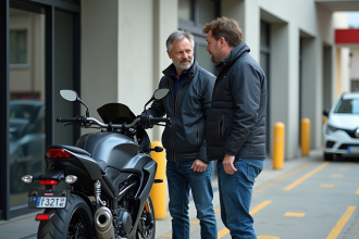 Homme moto contrôlé par un inspecteur à un centre officiel