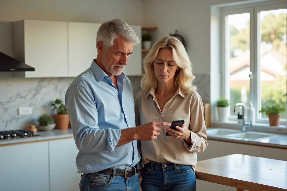 Couple examinant une annonce Leboncoin payante sur smartphone dans une cuisine moderne