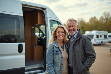 Couple souriant devant un van aménagé neuf en concession