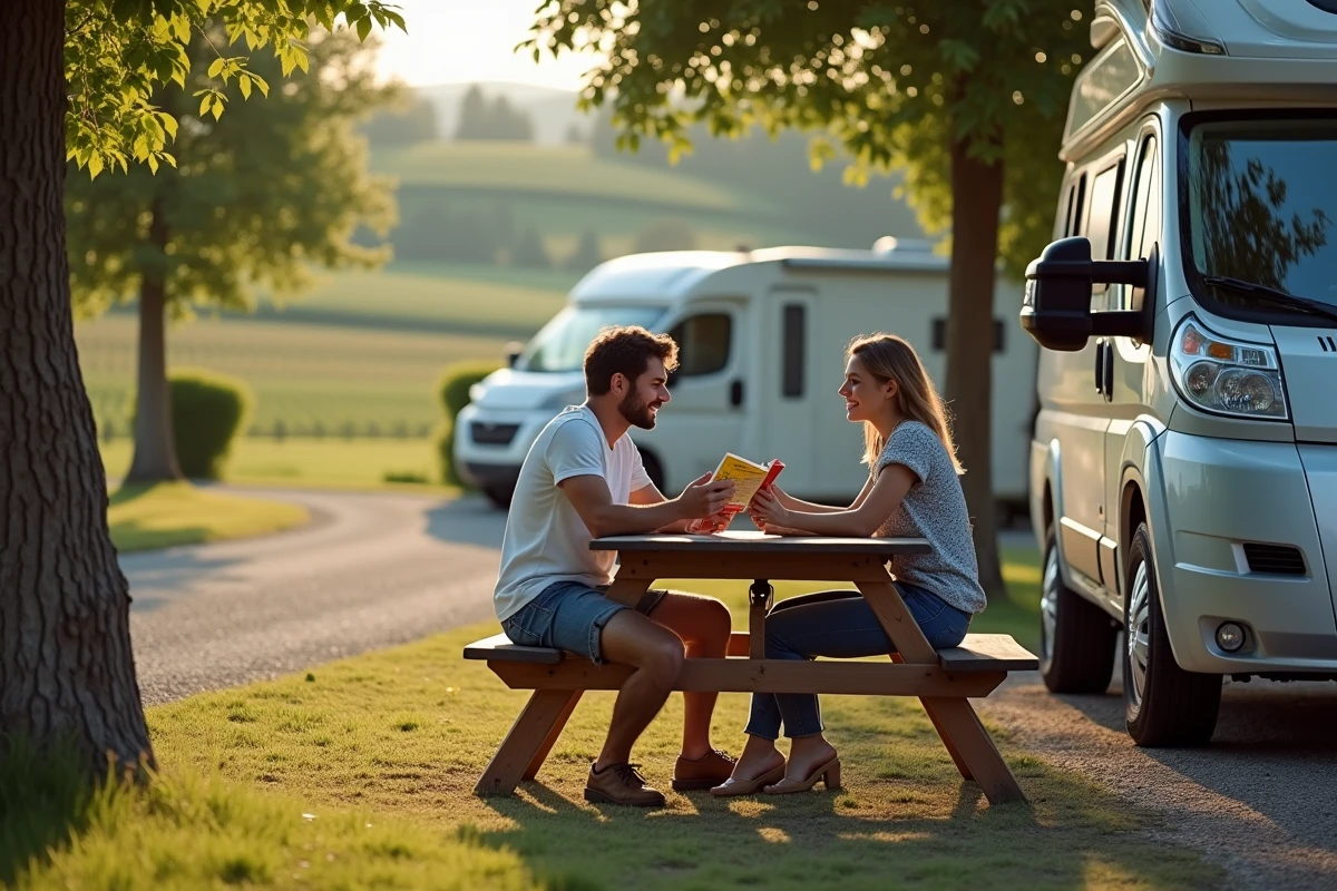 Jeune couple discutant pr&egrave;s de leur camping &agrave; Colmar