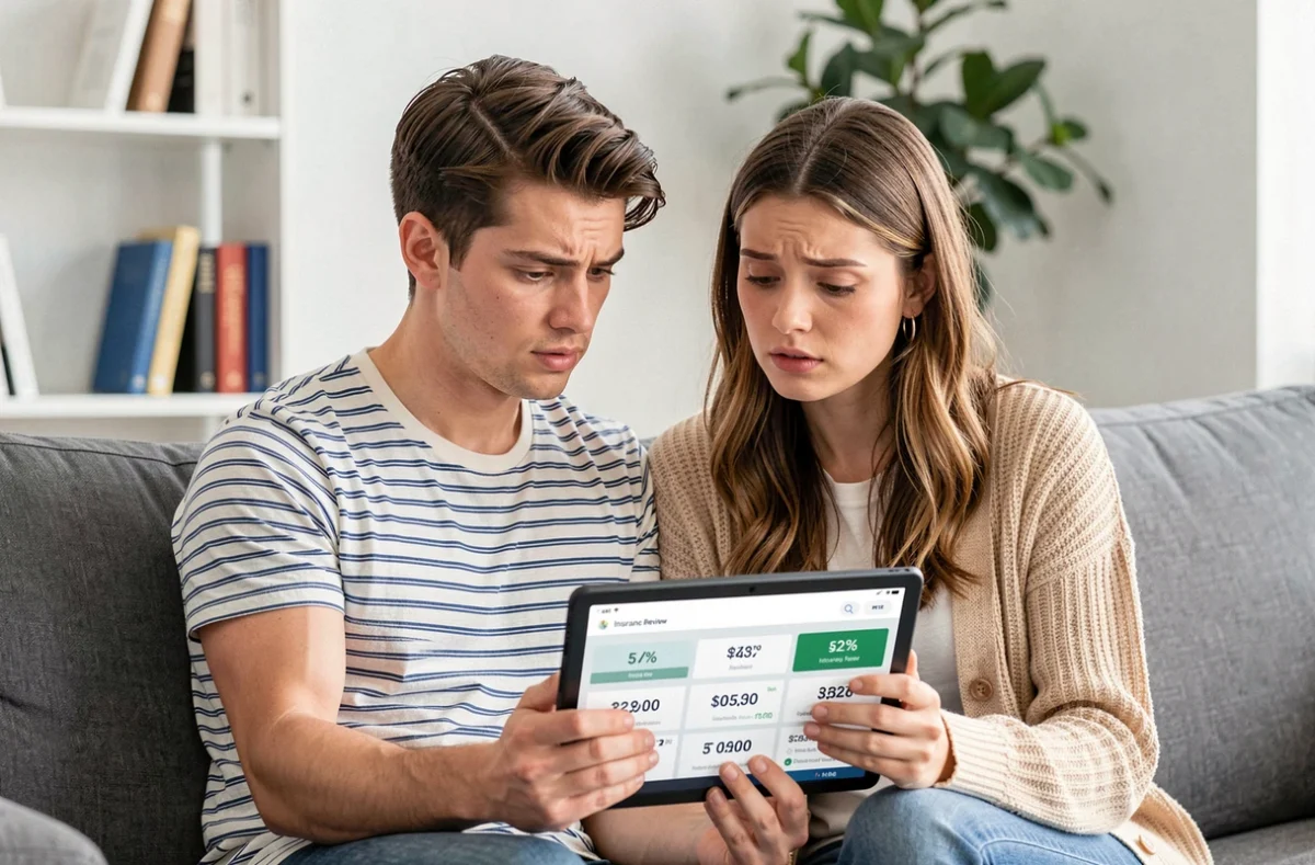 Un couple examine ensemble des avis et comparatifs d'assurance auto bon marché sur une tablette dans leur salon