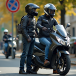 Un couple avec casques et vestes de moto devant une moto 125cc en France