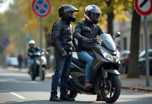 Un couple avec casques et vestes de moto devant une moto 125cc en France