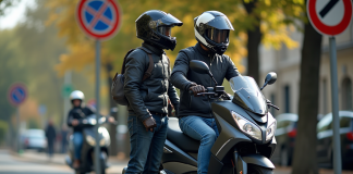 Un couple avec casques et vestes de moto devant une moto 125cc en France