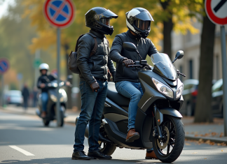 Un couple avec casques et vestes de moto devant une moto 125cc en France