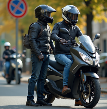 Permis B moto 125 : conduire, règles, obligations en France Un couple avec casques et vestes de moto devant une moto 125cc en France