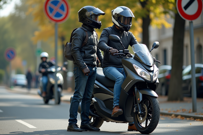 couple-moto-125cc-france Un couple avec casques et vestes de moto devant une moto 125cc en France