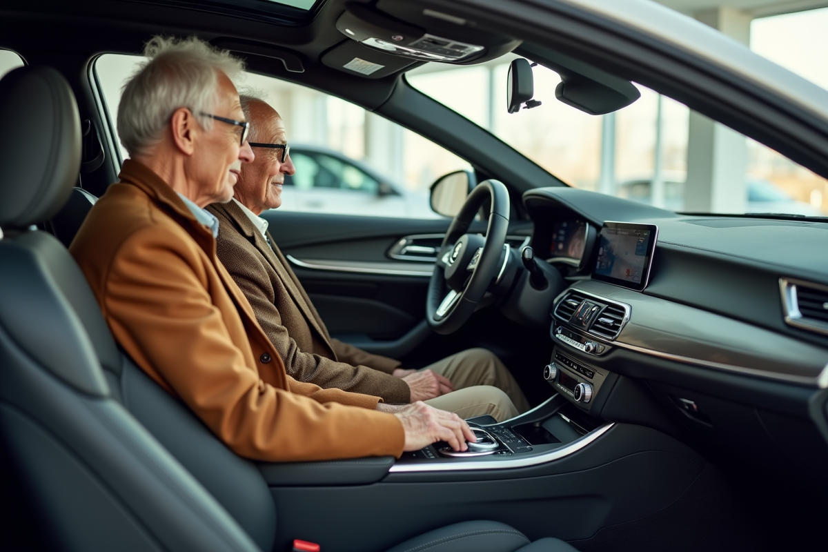 Couple senior dans l interior d une voiture en concession