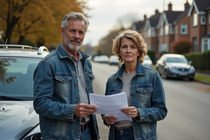 Couple avec documents d'assurance voiture devant leur véhicule