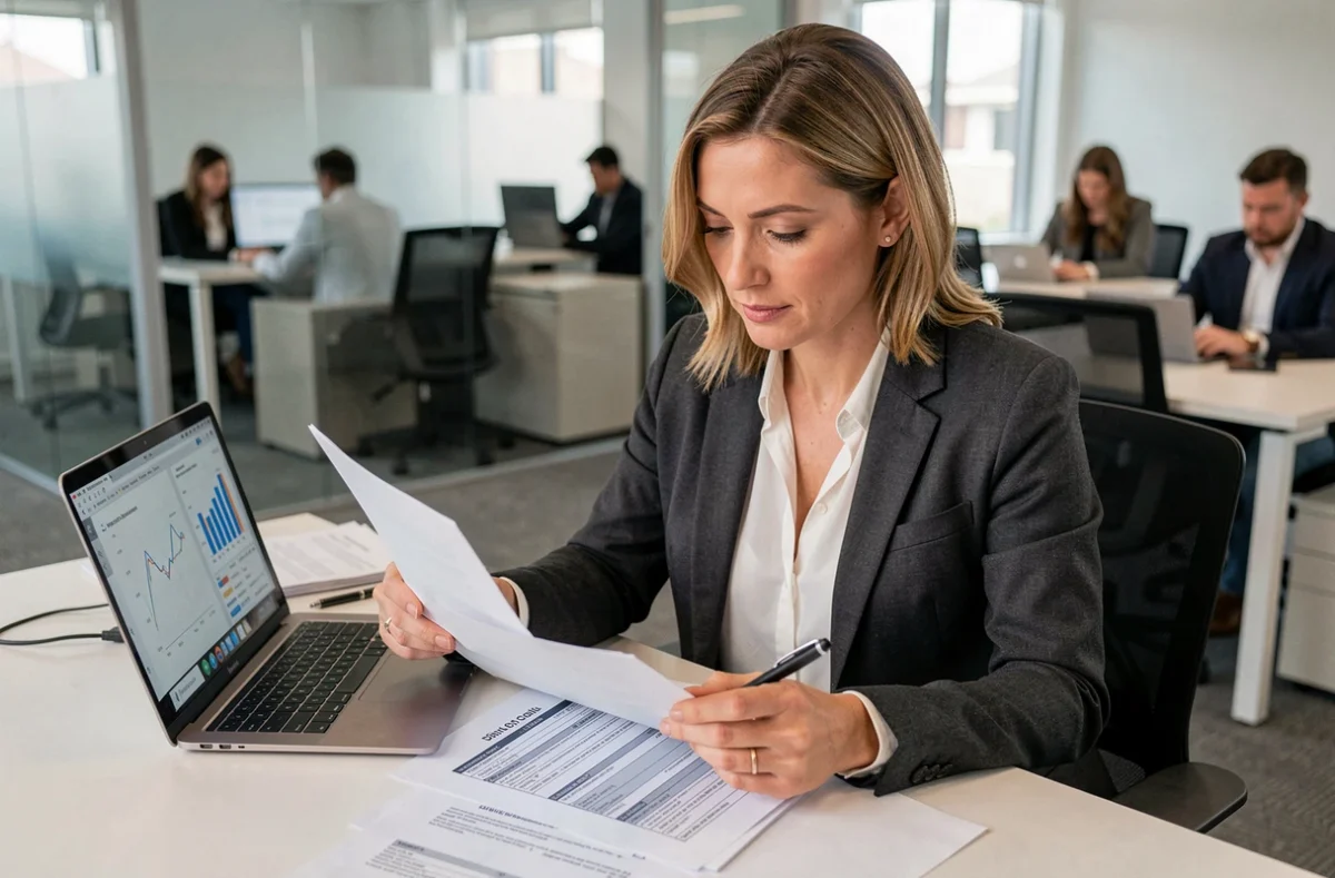 Courtière en assurance analysant un contrat d'assurance flotte automobile dans un bureau moderne