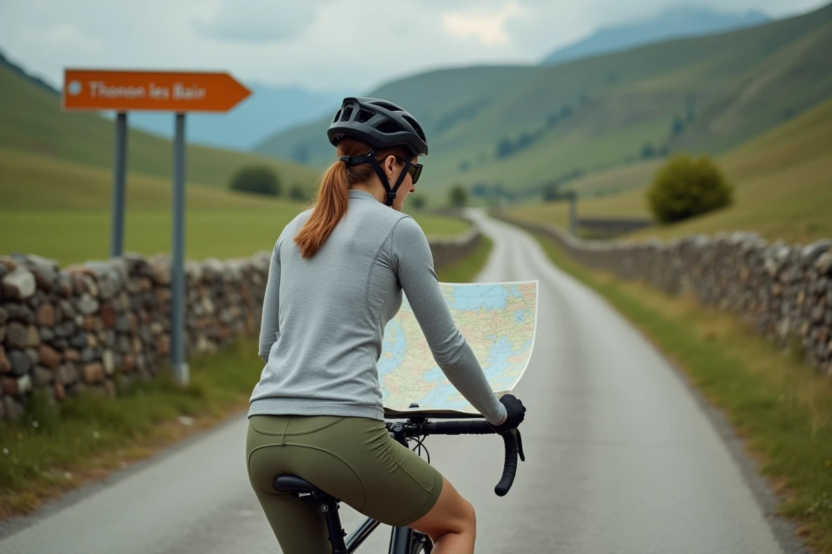 Cycliste femme consultant une carte à un carrefour rural avec panneau indicateur vers Thonon-les-Bains en Haute-Savoie
