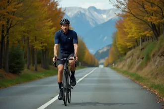 Cycliste adulte pédalant sur une piste cyclable balisée longeant le lac Léman en direction de Thonon-les-Bains avec les Alpes en arrière-plan
