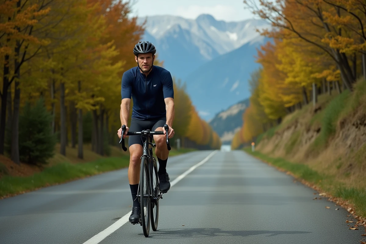 Cycliste adulte pédalant sur une piste cyclable balisée longeant le lac Léman en direction de Thonon-les-Bains avec les Alpes en arrière-plan