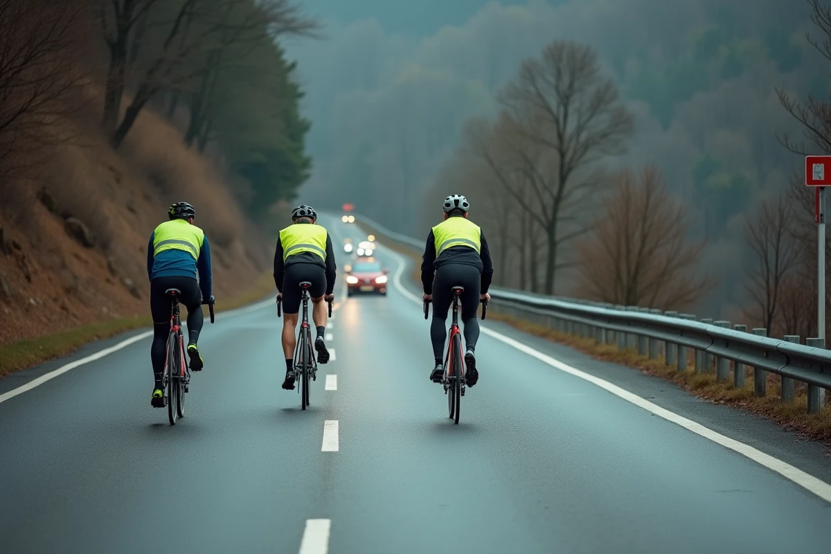 Groupe de cyclistes sur une route départementale sans piste cyclable avec voitures illustrant les dangers du trajet vers Thonon
