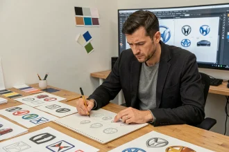 Designer automobile assis à un bureau étudiant des logos de marques de voitures avec des croquis et références imprimées