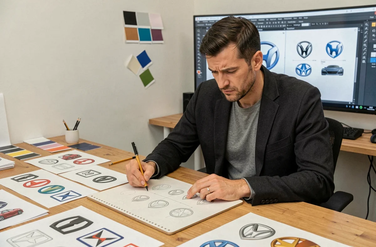 Designer automobile assis à un bureau étudiant des logos de marques de voitures avec des croquis et références imprimées