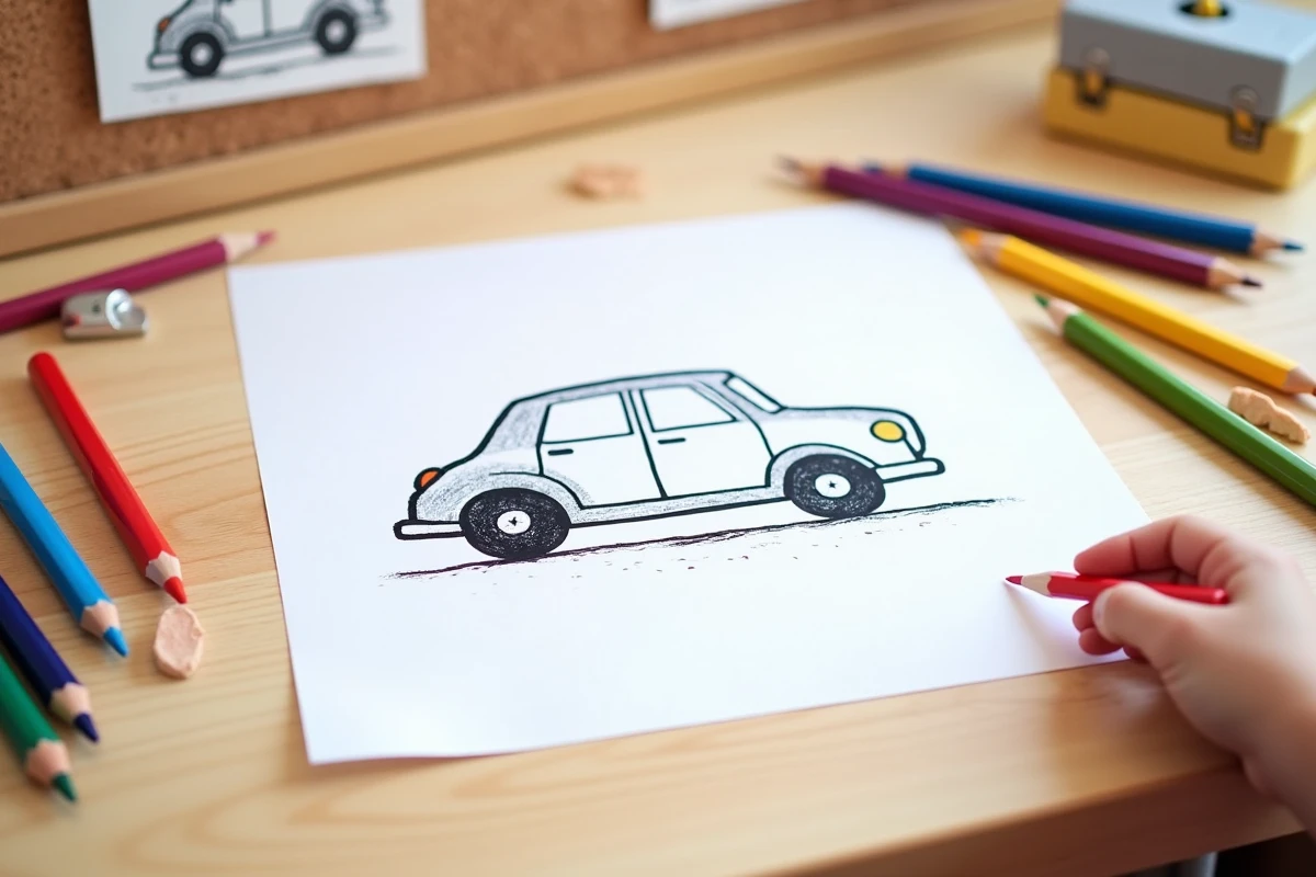 Vue de dessus d'un dessin de voiture à imprimer entouré de crayons de couleur sur un bureau en bois