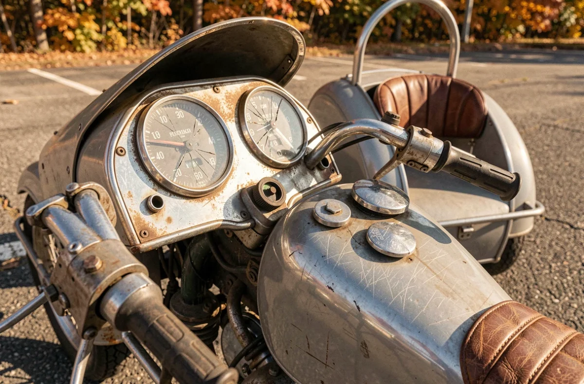 Tableau de bord et détails usés d'un side-car moto vintage en vente d'occasion