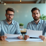 Doublette : que faire en cas de doublon de contenu ? Deux hommes d'affaires regardent des documents au bureau