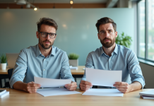 Doublette : que faire en cas de doublon de contenu ? Deux hommes d'affaires regardent des documents au bureau