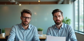 Doublette : que faire en cas de doublon de contenu ? Deux hommes d'affaires regardent des documents au bureau