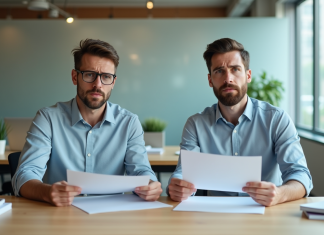 Doublette : que faire en cas de doublon de contenu ? Deux hommes d'affaires regardent des documents au bureau