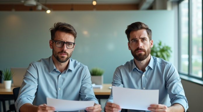 Doublette : que faire en cas de doublon de contenu ? Deux hommes d'affaires regardent des documents au bureau