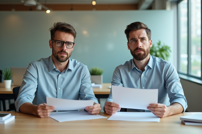 deux-hommes-bureau-documents Deux hommes d'affaires regardent des documents au bureau