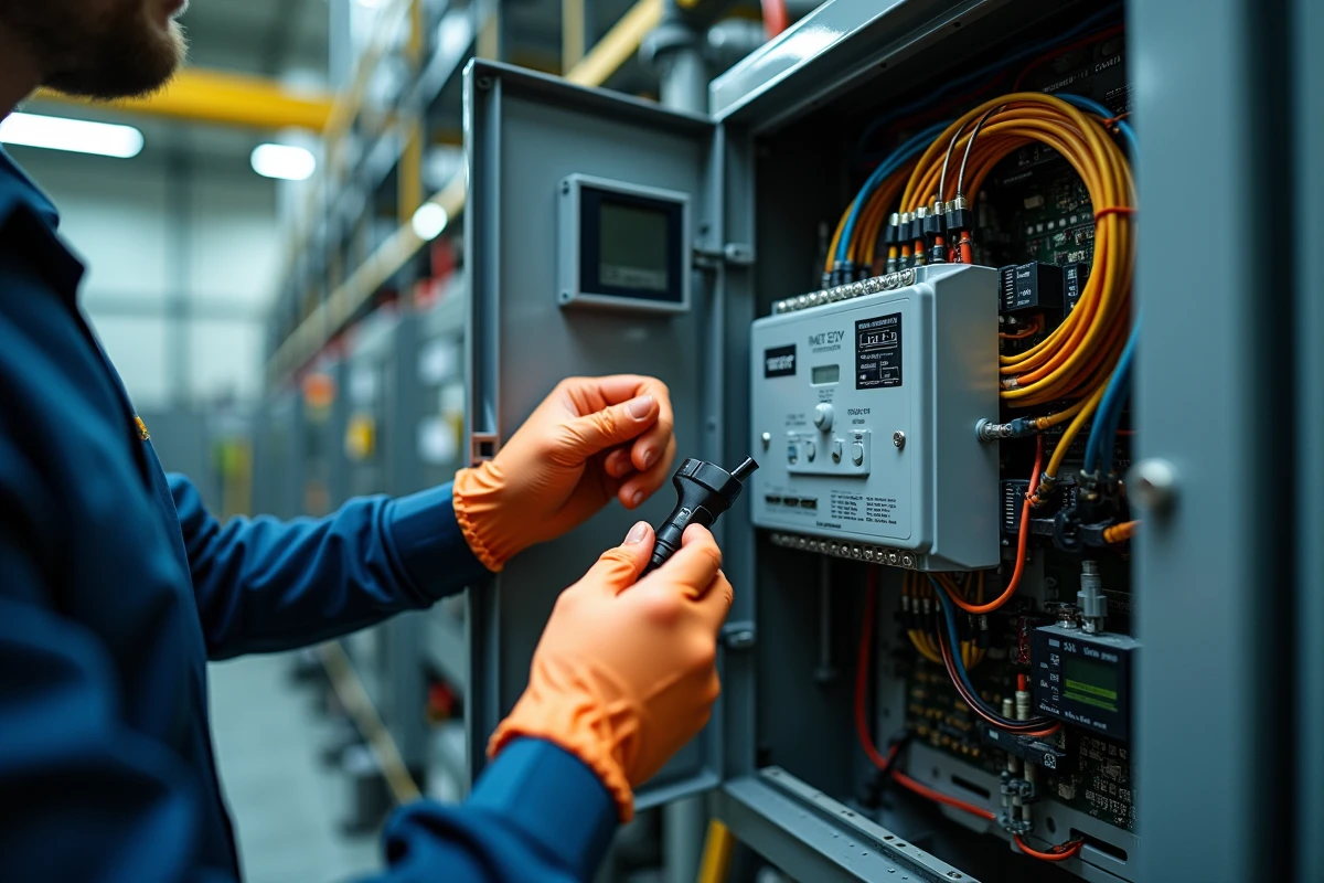 Mains de technicien branchant un câble de diagnostic sur un variateur PT Drive ouvert lors d'une opération de maintenance prédictive