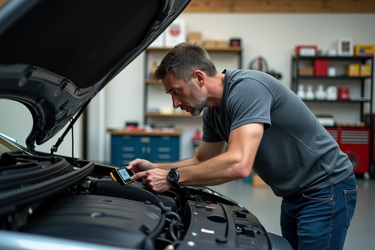 Propriétaire de véhicule utilisant un scanner OBD2 pour diagnostiquer le système avant suppression FAP