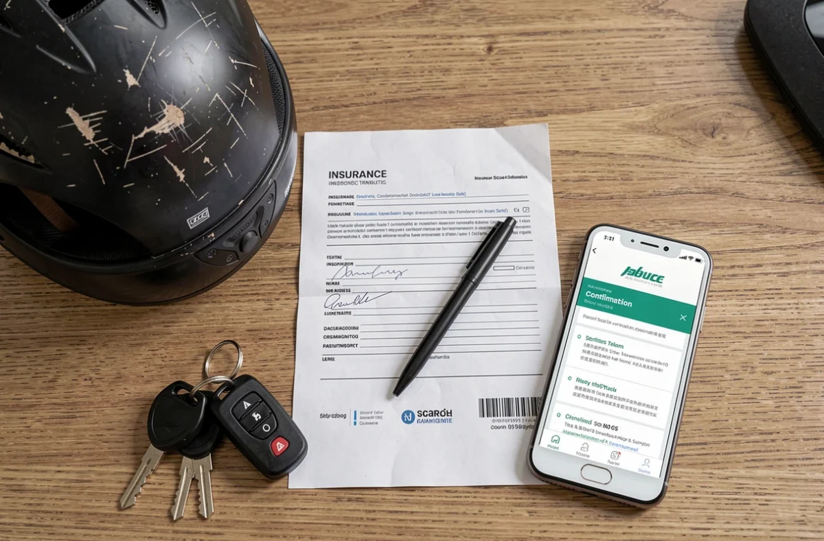 Casque de scooter, clés et documents d'assurance posés sur un bureau pour une souscription immédiate