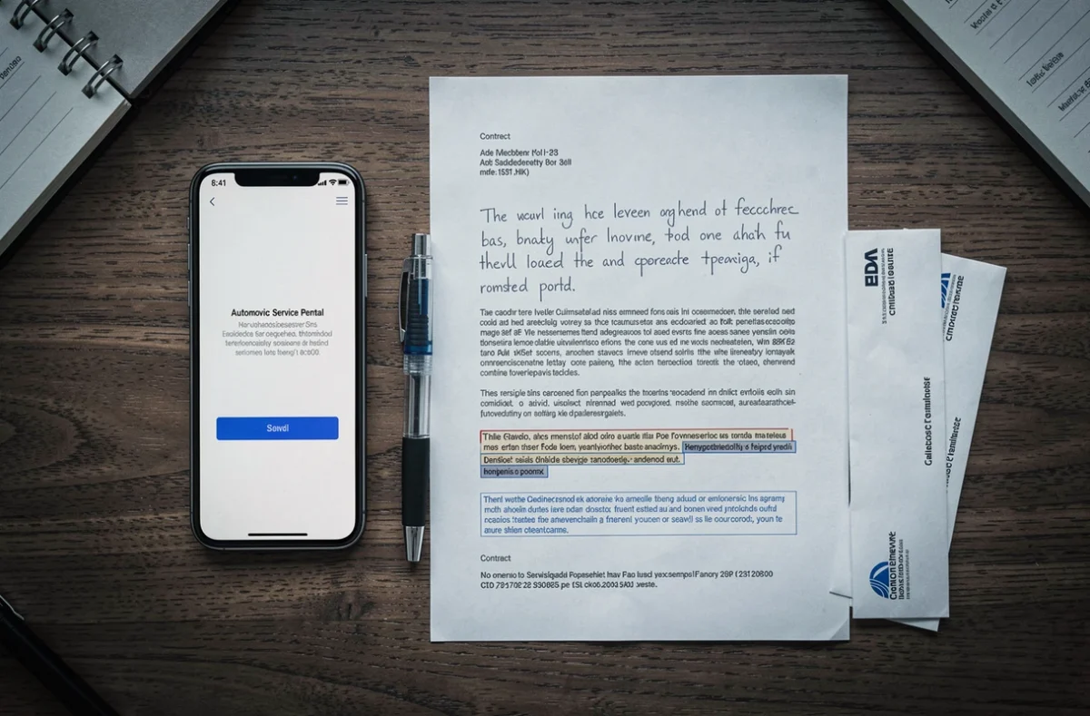 Mise en scène de documents et smartphone pour illustrer un recours après fermeture de Dinatel auto