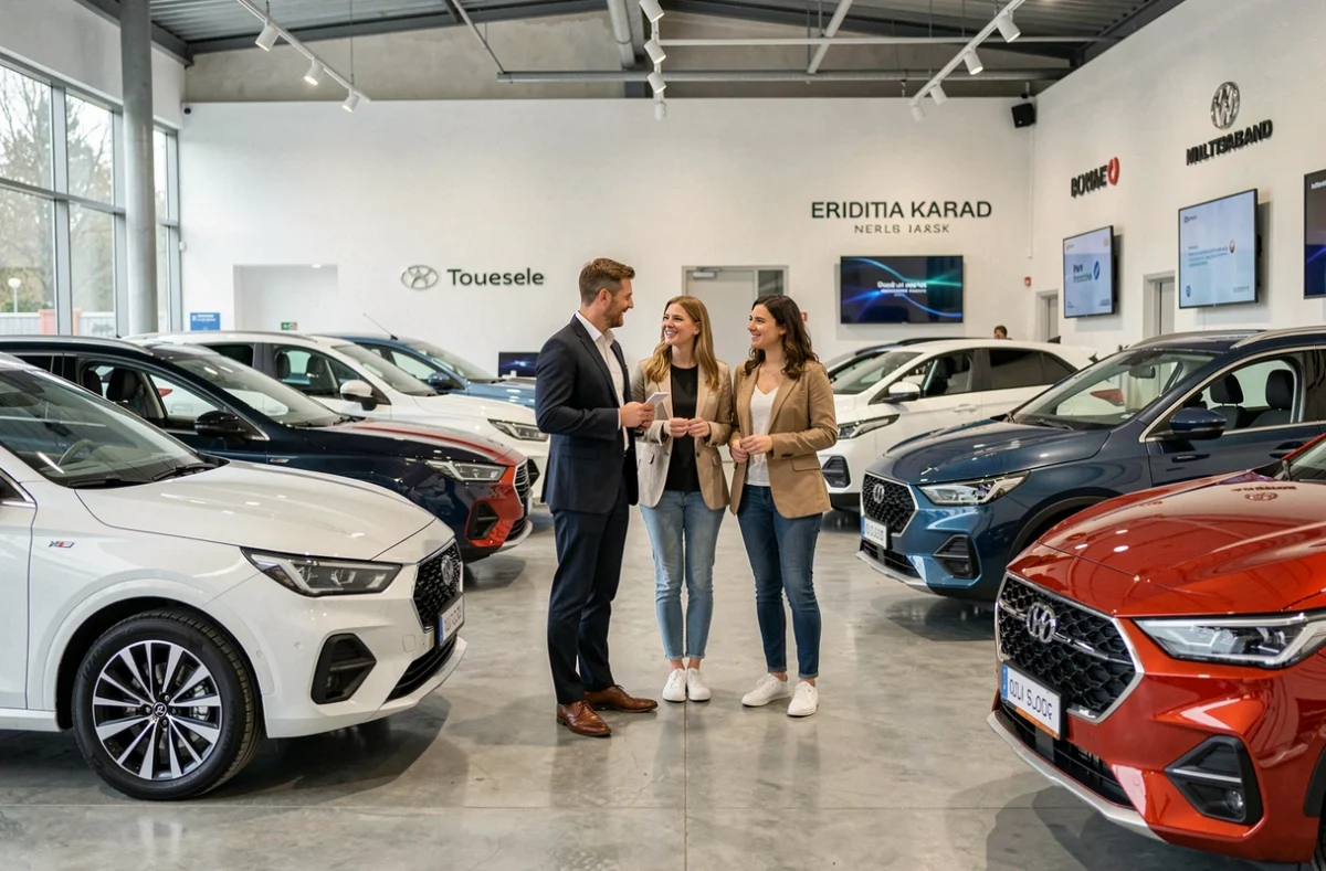 Intérieur du showroom multimarque DPP Auto à Toulouse avec un conseiller présentant des véhicules à des clients