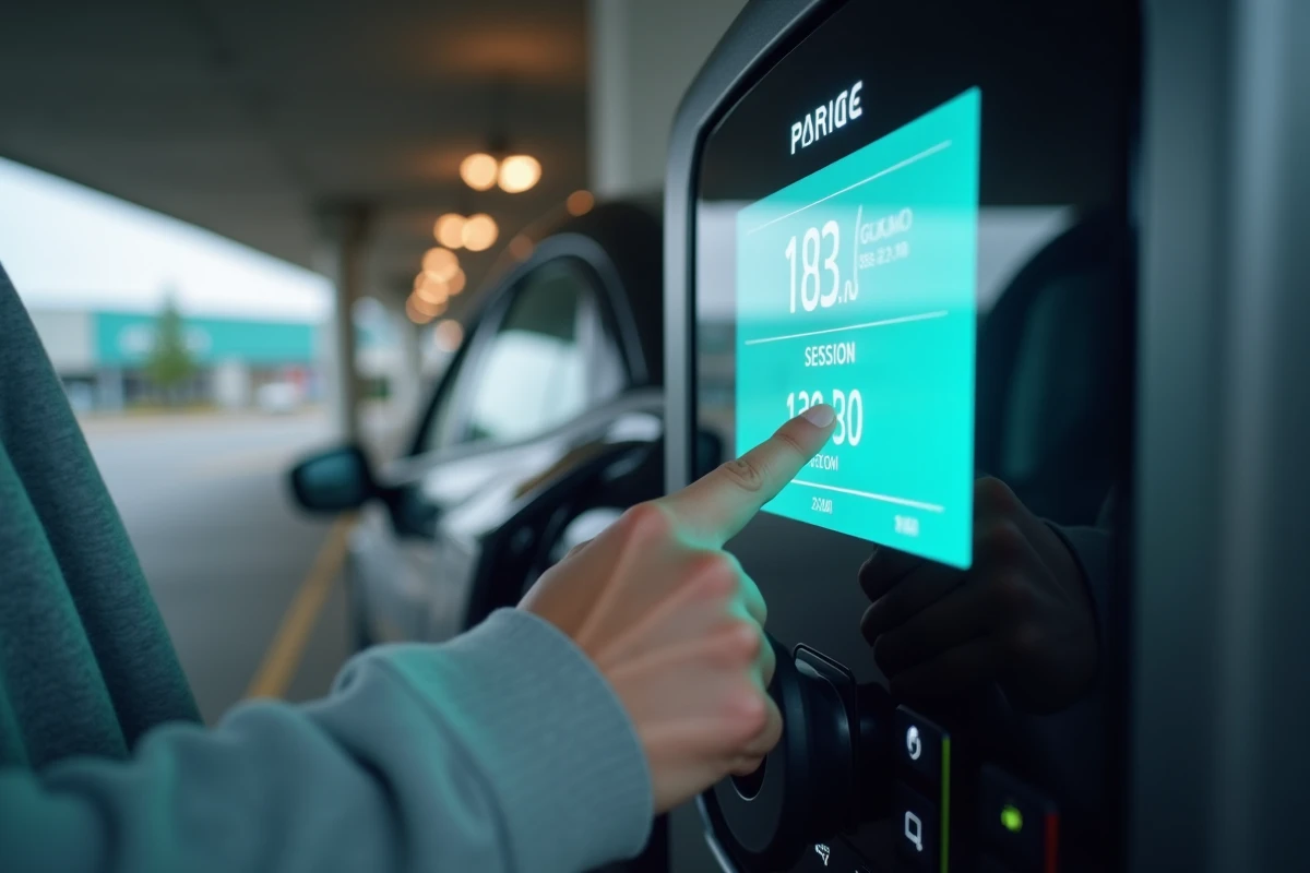 Écran d'une borne de recharge Carrefour affichant une session de charge en cours dans un parking couvert